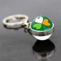 Macro detail of Ireland flag clover glass ball keychain with a sleek mirror reflection - Heart Shaped Leaves Shamrock Style 8 (JY008703-8)