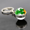 Double-sided glass ball keychain with Irish flag stripes and a green lucky shamrock clover - Three Color Stripe Shamrock Style 5 (JY008703-5)
