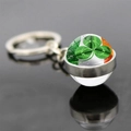 Double-sided glass ball keychain with Ireland flag clover pendant and silver ring - Matte Silver Base Shamrock Style 4 (JY008703-4)