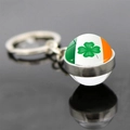 Lucky four-leaf clover keychain with Irish flag glass ball pendant on silver metal base - Ireland Flag Four Leaf Clover Style 2 (JY008703-2)