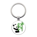 Detail of a silver panda keychain featuring a cute illustration of a panda eating bamboo - Classic Panda Holding Bamboo Illustration Style (JY008709-7)