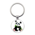 Detail of silver metal keychain with a cute cartoon panda eating bamboo illustration - Chibi Panda Gnawing Bamboo Style (JY008709-6)