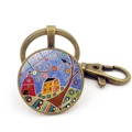 Détail du porte-clés en bronze avec peinture à l'huile de maisons colorées - Art Naïf Maison Rouge Et Jaune (Motif 6)