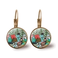 Macro shot of lever-back earrings featuring a hand-painted colorful house and forest landscape - Antique Bronze Hand-drawn House Forest (Bronze-12)