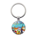 Macro detail of round metal keychain with abstract painted house and geometric art charm - Geometric Elements and Abstract House Style (Silver JY008713-11)