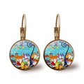 Close-up of vintage bronze earrings featuring colorful house art under glass cabochon - Antique Bronze Colorful Town Architecture (Bronze-11)