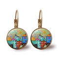 Macro detail of round abstract art earrings featuring colorful house painting and bronze hooks - Antique Bronze Sun Colorful Building (Bronze-10)