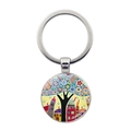 Detailed close-up of a round metal keychain pendant with colorful abstract tree and house art - Anthropomorphic Tree House Style (JY008713-Silver 9)