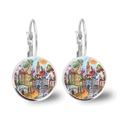 Detailed view of silver lever-back earrings featuring a colorful abstract village landscape - Silver Town Scenery Cat on Roof (Silver-5)