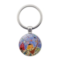 Close-up of circular glass pendant keychain featuring an abstract house and tree landscape - Fairytale House and Blackbird Style (JY008713-Silver 6)