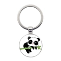 Süßer Cartoon-Panda auf Bambus runder Metall-Schlüsselanhänger mit Silberring - Panda auf Bambus liegend Stil (JY008709-2)