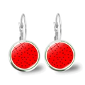 Close-up of handmade round glass drop earrings featuring realistic red watermelon slice patterns - Watermelon Slice Style (JY008717 Silver-5)