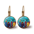 Vintage bronze leverback earrings with artistic house and garden scenery painting - Antique Bronze Fairytale Town (Bronze-8)