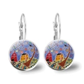 Artistic landscape drop earrings with red and yellow house illustration in silver base - Silver Red and Yellow House (Silver-6)