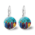 Artistic landscape drop earrings featuring colorful house painting under starry night sky - Silver Blue Background European House (Silver-8)