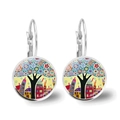 Artistic round drop earrings featuring a colorful abstract house and tree landscape painting - Silver Black Tree Blooming Town (Silver-9)