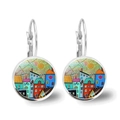 Leverback earrings with colorful miniature painting of houses and a cat in silver finish - Silver Sun and Little Black Cat (Silver-10)