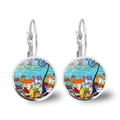 Artistic round leverback earrings featuring a colorful abstract town painting in silver finish - Silver Multi-color Saturated Illustration (Silver-11)