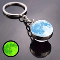 Luminous moon keychain close-up showing blue moon texture and green glow effect in dark - Blue Style (JY008727-10)