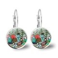 Artistic round earrings with colorful hand-painted European house landscape illustration - Silver Colorful House Pine Star (Silver-12)