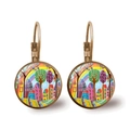 Vintage bronze hook earrings with colorful rainbow and house miniature art illustration - Antique Bronze Colorful Cottage Rainbow (Bronze-2)