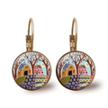 Lever-back earrings featuring colorful folk art illustration with trees and houses - Antique Bronze Red Tree Polka Dot (Bronze-3)