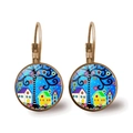 Antique bronze leverback earrings featuring colorful abstract landscape miniature painting - Antique Bronze Blue Background Tree (Bronze-4)
