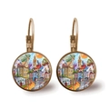 Vintage bronze dangle earrings featuring colorful abstract oil painting landscape charms - Antique Bronze European Town Scene (Bronze-5)