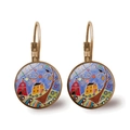 Vintage bronze leverback earrings featuring colorful oil painting style house artwork - Antique Bronze Red Yellow Cabin (Bronze-6)