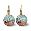 Artistic abstract landscape earrings with house illustration in bronze frames - Antique Bronze Colorful House Branch (Bronze-7)