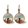 Abstract landscape drop earrings with colorful house and flower art in vintage style - Antique Bronze Flowers Around Tree (Bronze-9)