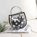 Semi-circular transparent PVC jelly bag with daisy floral print inner pouch and gold ring handle - Black