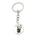 Cute cartoon panda climbing green bamboo on a round silver metal keychain pendant - Panda Playing with Bamboo Style (JY008758-12)
