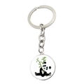 Detail of round silver keychain with cute cartoon panda holding bamboo illustration - Panda Sitting Straight Style (JY008758-11)