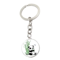 Metal keychain featuring a round cartoon panda eating bamboo with a dragonfly design - Panda with Bamboo Leaves Style (JY008758-10)