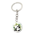 Detail showing high-polish silver keychain with cartoon panda and bamboo illustration - Panda in Bamboo Forest Style (JY008758-8)