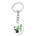 Detail of silver metal keychain with a round pendant featuring a panda holding bamboo - Jy008758-7