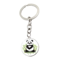 Close-up of a cartoon panda keychain with round metal base and silver link chain - Jy008758-5