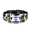 Detail of multilayer leather bracelet featuring Israel flag charm and vintage beads - Star Of David Classic Blue White Style (JY008781-11)