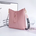 Pink faux leather bucket bag with crocodile pattern and LOVE printed wide strap - Pink
