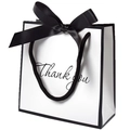 Minimalist white gift bag with black trim, satin bow, and Thank You lettering - Handbag Style / 10 Pieces/Pack (14*6*14cm) / White Black Edge