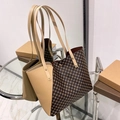 Chic tote bag featuring vintage monogram print and beige panel with sturdy slim handles - Apricot And Coffee