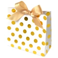 Elegant white paper gift bag with golden polka dots and champagne satin bow decoration - Gold Stamping Polka Dot Style (Pack of 10)