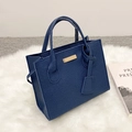 Dark blue litchi pattern square tote bag with golden metal hardware and double handles - Blue