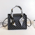 Classic black handbag with clover pattern and silk scarf handle detail for women - Black Monogram Style (Style 2)