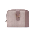 Close-up of pink and beige PU leather wallet with U-shaped metal buckle and zipper - Pink