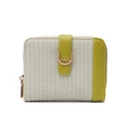 Close-up of woven grey and lime green small bifold wallet with gold D-ring detail - Green