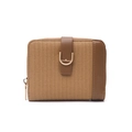 Close-up of brown textured leather wallet with gold D-ring buckle and zipper detail - Brown