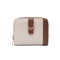 Close-up of dual-tone women's wallet with woven texture and metallic U-shaped buckle - Beige