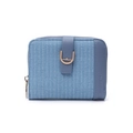 Détail du portefeuille bleu clair avec fermoir en U doré et fermeture éclair avec logo - Bleu Denim
